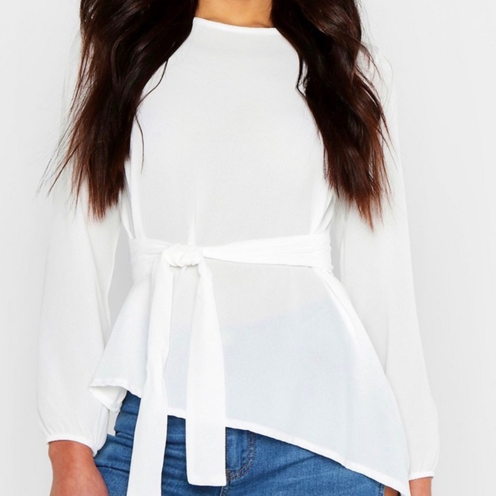 Boohoo Plus Asymmetric Hem Belted Woven Top